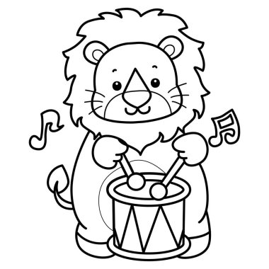 Sevimli aslanların boyama sayfaları. Grupta davul çalan aslan taslağı.