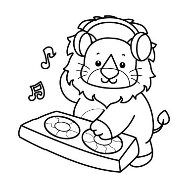 Sevimli aslanların boyama sayfaları. Barda disk çalan aslan taslağı.