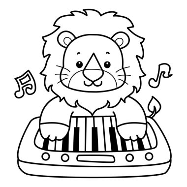 Sevimli aslanların boyama sayfaları. Piyano çalan aslan taslağı