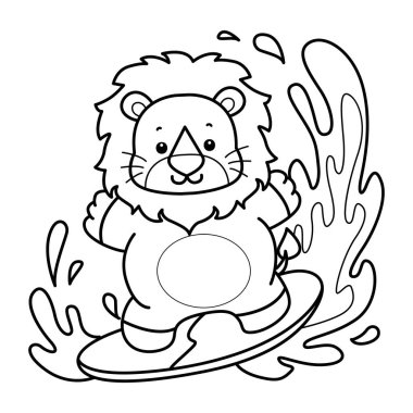 Sevimli aslanların boyama sayfaları. Sörf yapan aslan taslağı.