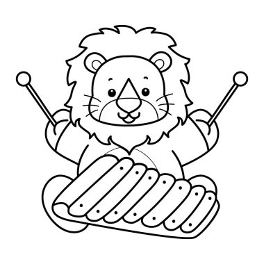 Sevimli aslanların boyama sayfaları. Ksilofon çalan aslan taslağı