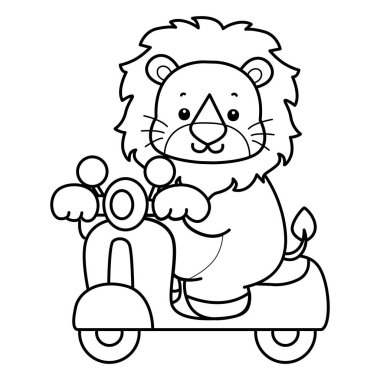 Sevimli aslanların boyama sayfaları. Mobilete binen aslan çizgisi.