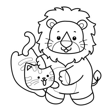 Sevimli aslanların boyama sayfaları. Kedi yavrusuyla oynayan aslanın ana hatları