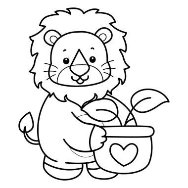 Sevimli aslanların boyama sayfaları. Aslanın ana hatları çömleğe bir yaprak getirir.