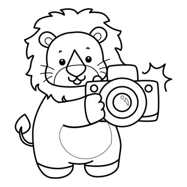 Sevimli aslanların boyama sayfaları. Aslan çizgisi, bir kamera getir.