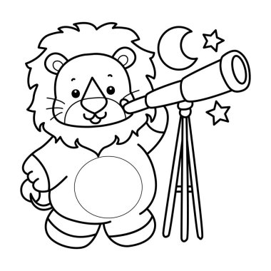 Sevimli aslanların boyama sayfaları. Aslanın ana hatları Ay 'ı teleskopla görüyor