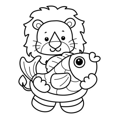 Sevimli aslanların boyama sayfaları. Aslan çizgisi, altın bir balık getir.