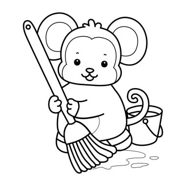 Sevimli maymunların boyama sayfaları. Maymun çizgisi paspas ve kovayla yerleri temizliyor.