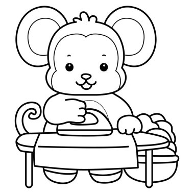 Sevimli maymunların boyama sayfaları. Elbiseleri ütüleyen maymun taslağı.