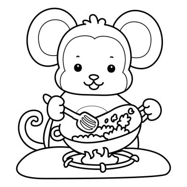 Sevimli maymunların boyama sayfaları. Kızarmış pirinç pişiren maymun taslağı.