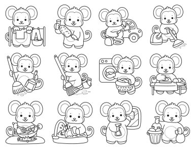 Sevimli maymunların boyama sayfaları. Ev işleri ve çamaşır işlerinde maymun ana hatları