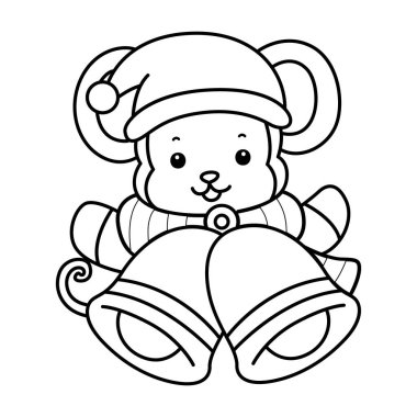 Sevimli maymunların boyama sayfaları. Noel Baba maymunu çizgisi İki çan getir