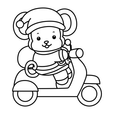 Sevimli maymunların boyama sayfaları. Mobilete binen Noel Baba maymunu taslağı
