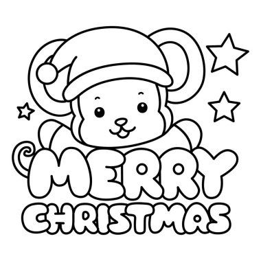 Sevimli maymunların boyama sayfaları. Mutlu noel mesajlı Noel Baba maymunu taslağı