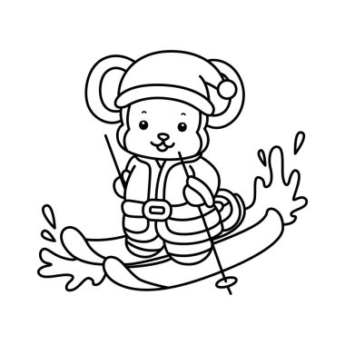 Sevimli maymunların boyama sayfaları. Buz pateni yapan Noel Baba maymunu taslağı.