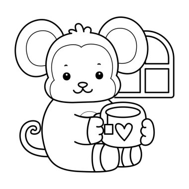 Sevimli maymunların boyama sayfaları. Maymun çizgisi sıcak çay içiyor.