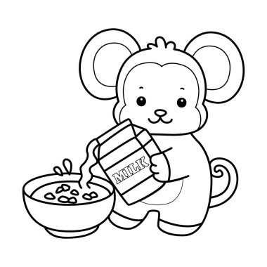 Sevimli maymunların boyama sayfaları. Maymunun mısır gevreği kasesine süt dökmesi.