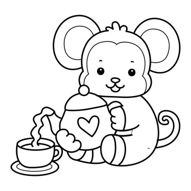 Sevimli maymunların boyama sayfaları. Çaydanlıktan çay dolduran maymun çizgisi