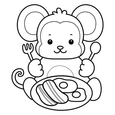 Sevimli maymunların boyama sayfaları. Maymun çizgisi domuz pastırması ve yumurta yemek istiyor.