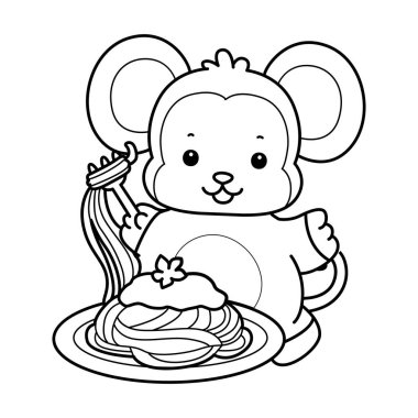 Sevimli maymunların boyama sayfaları. Maymun çizgisi spagetti yemek istiyor.