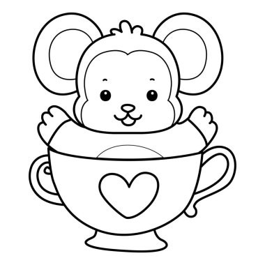 Sevimli maymunların boyama sayfaları. Çay fincanına sıkışmış maymun çizgisi.