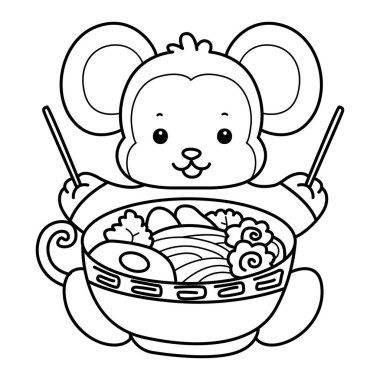Sevimli maymunların boyama sayfaları. Maymun ana hatları ramen yemek istiyor.
