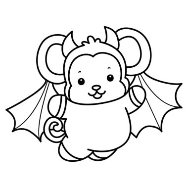 Sevimli maymunların boyama sayfaları. Yarasa kostümü giyen maymun çizgisi