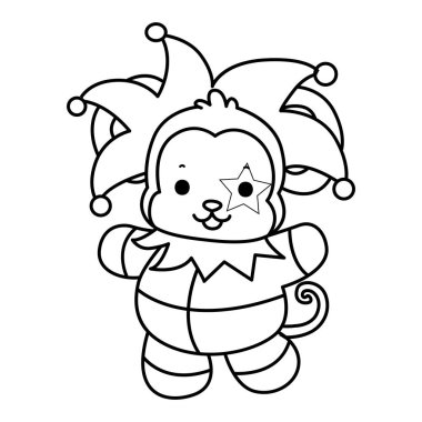 Sevimli maymunların boyama sayfaları. Palyaço kostümü giyen maymun çizgisi