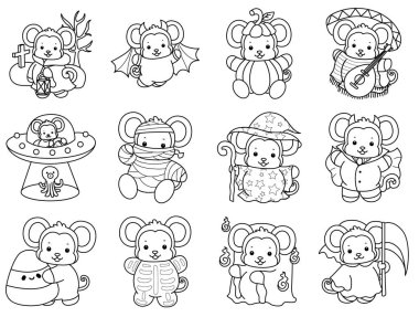 Sevimli maymunların boyama sayfaları. Cadılar Bayramı partisinin varyasyonlu maymun taslağı