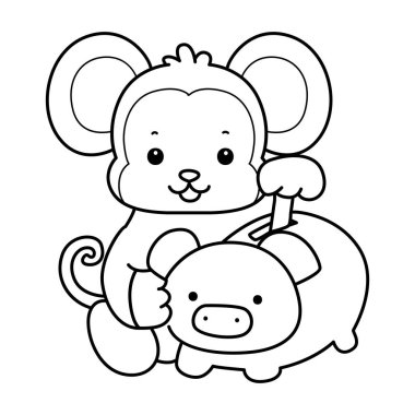 Sevimli maymunların boyama sayfaları. Domuz kumbarasındaki maymun tasarruf parasının taslağı.