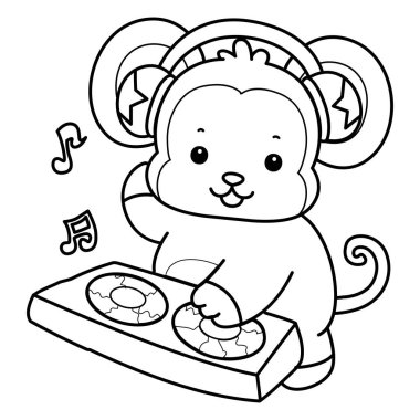 Sevimli maymunların boyama sayfaları. Barda disk çalan maymun taslağı.