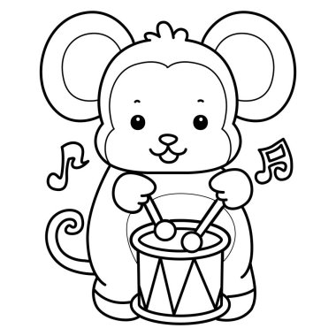 Sevimli maymunların boyama sayfaları. Festivalde davul çalan maymun taslağı