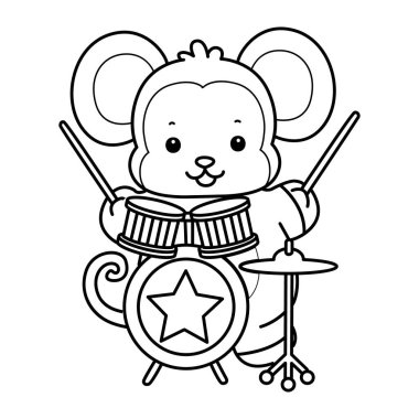 Sevimli maymunların boyama sayfaları. Grupta davul çalan maymun taslağı