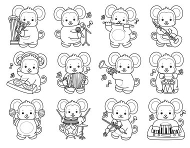 Sevimli maymunların boyama sayfaları. Müzik ve enstrüman çeşitliliğine sahip maymun çizgisi