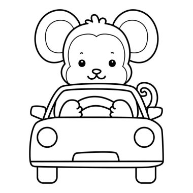Sevimli maymunların boyama sayfaları. Araba kullanan maymun taslağı.