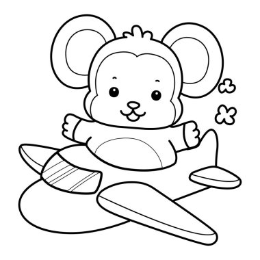 Sevimli maymunların boyama sayfaları. Uçağa binen maymun çizgisi.