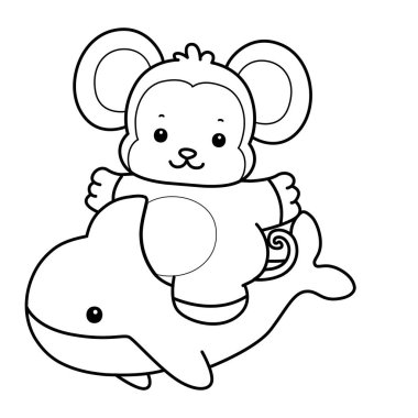 Sevimli maymunların boyama sayfaları. Köpekbalığına binen maymun çizgisi