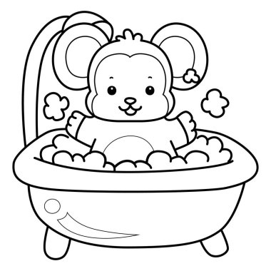 Sevimli maymunların boyama sayfaları. Maymun çizgisi banyo yapıyor.