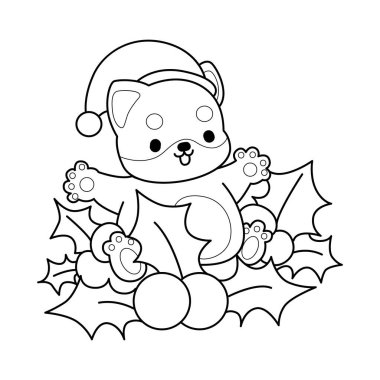 Şirin Noel Shiba Inu 'nun boyama sayfaları. Kiraz bitkilerindeki Santa Shiba Inu 'nun ana hatları.