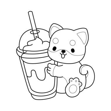Şirin Shiba Inu 'nun boyama sayfaları. Shiba inu 'nun taslağı bir milkshake getir.