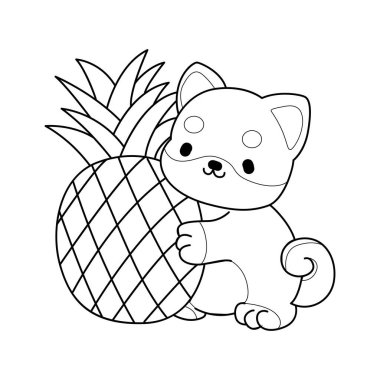 Şirin Shiba Inu 'nun boyama sayfaları. Shiba Inu 'nun bir ananasa sarılmasının taslağı.