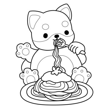 Şirin Shiba Inu 'nun boyama sayfaları. Shiba Inu 'nun spagetti yediği ana hatları.