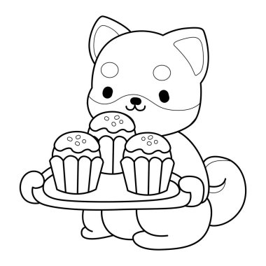 Şirin Shiba Inu 'nun boyama sayfaları. Shiba Inu 'nun ana hatları üç tane kek getir.