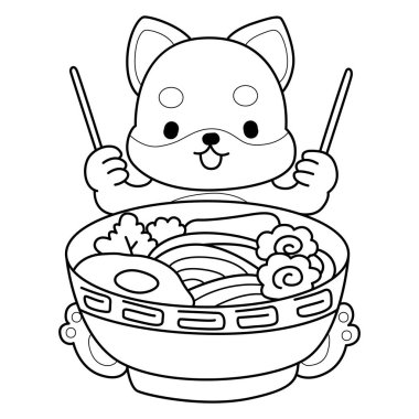 Şirin Shiba Inu 'nun boyama sayfaları. Shiba Inu 'nun ana hatları ramen yemek istiyor.