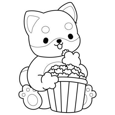 Şirin Shiba Inu 'nun boyama sayfaları. Shiba Inu 'nun patlamış mısır yediği ana hatları.