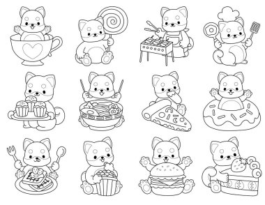 Şirin Shiba Inu 'nun boyama sayfaları. Shiba inu 'nun ana hatları fast food ve tatlı çeşitleri.