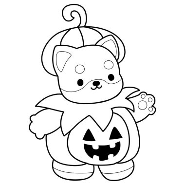 Şirin Shiba Inu 'nun boyama sayfaları. Cadılar bayramında balkabağı kostümlü Shiba Inu 'nun taslağı