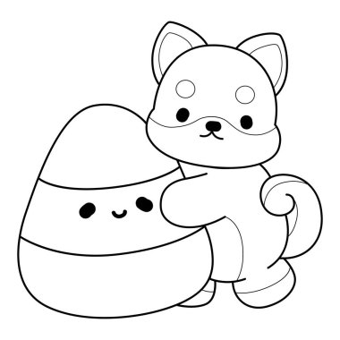Şirin Shiba Inu 'nun boyama sayfaları. Shiba inu 'nun ana hatları Cadılar Bayramı' nda sarı bir şekere sarılıyor.