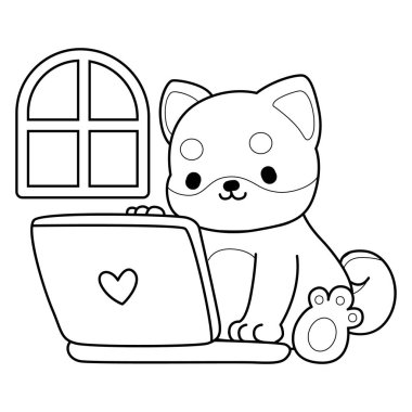 Şirin Shiba Inu 'nun boyama sayfaları. Dizüstü bilgisayarla Shiba Inu 'nun ana hatları