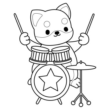 Şirin Shiba Inu 'nun boyama sayfaları. Shiba Inu 'nun bandoda davul çalması.